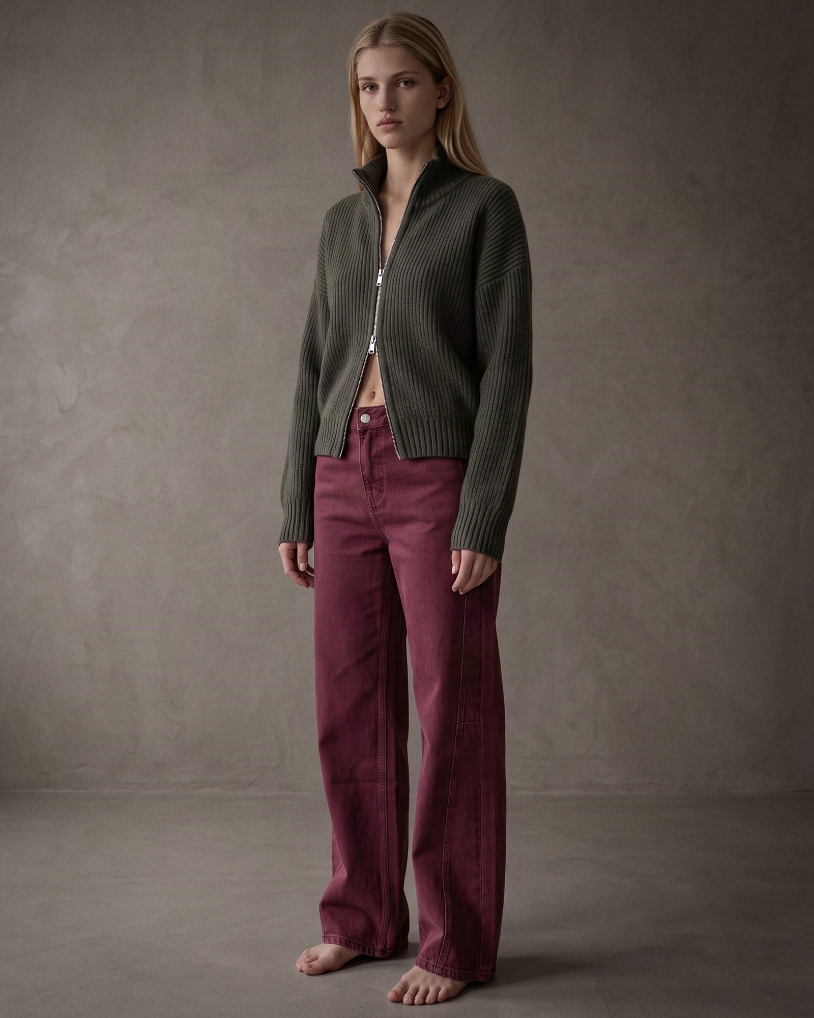 ALBA | Ribbed Zip Cardigan | Olive