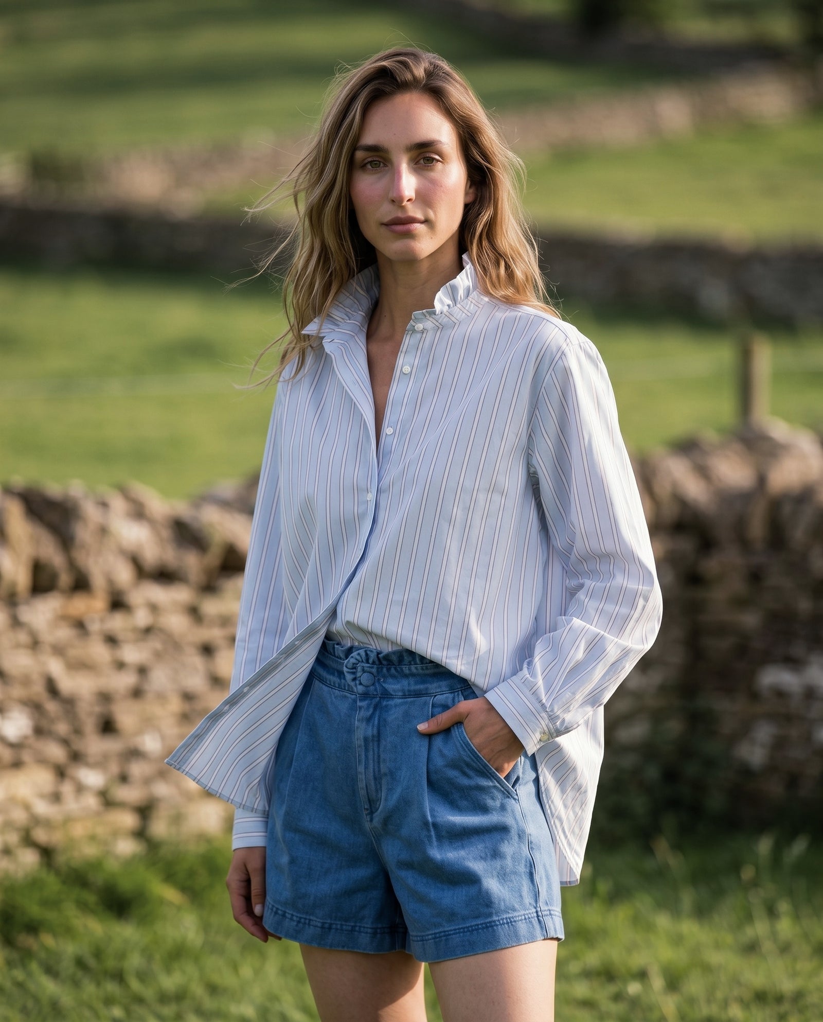 SHAI | Ruffle Collar Striped | Pale Blue