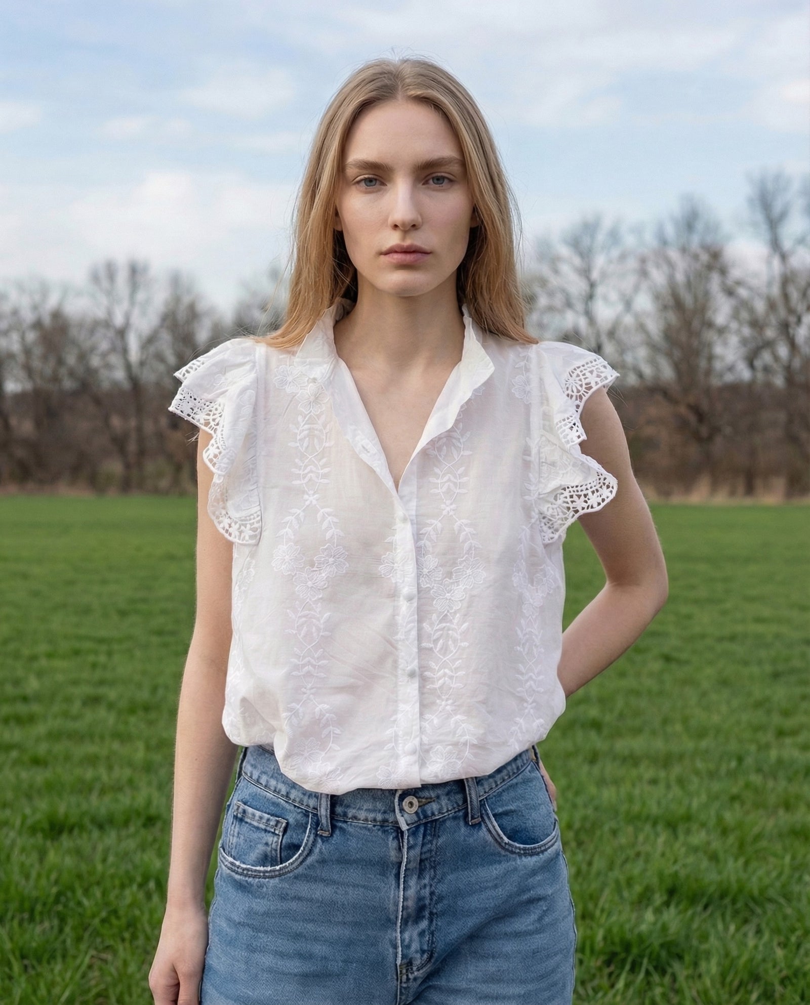 NETA | Ruffle & Lace Top | White