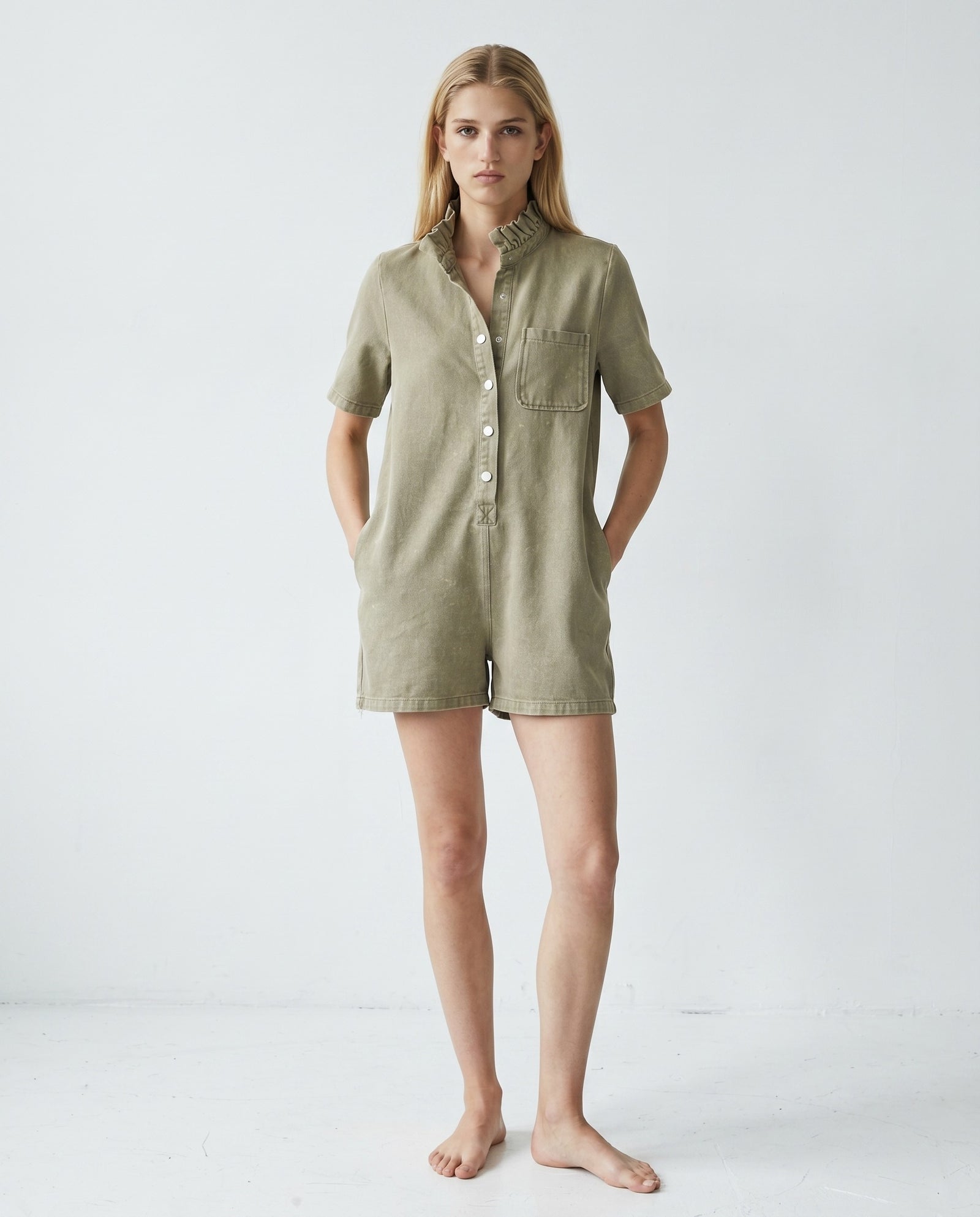IRIT | Ruffle Short Overalls | Washed Khaki