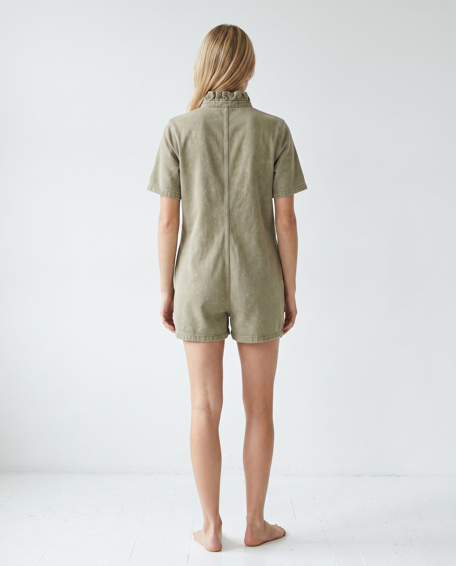 IRIT | Ruffle Short Overalls | Washed Khaki