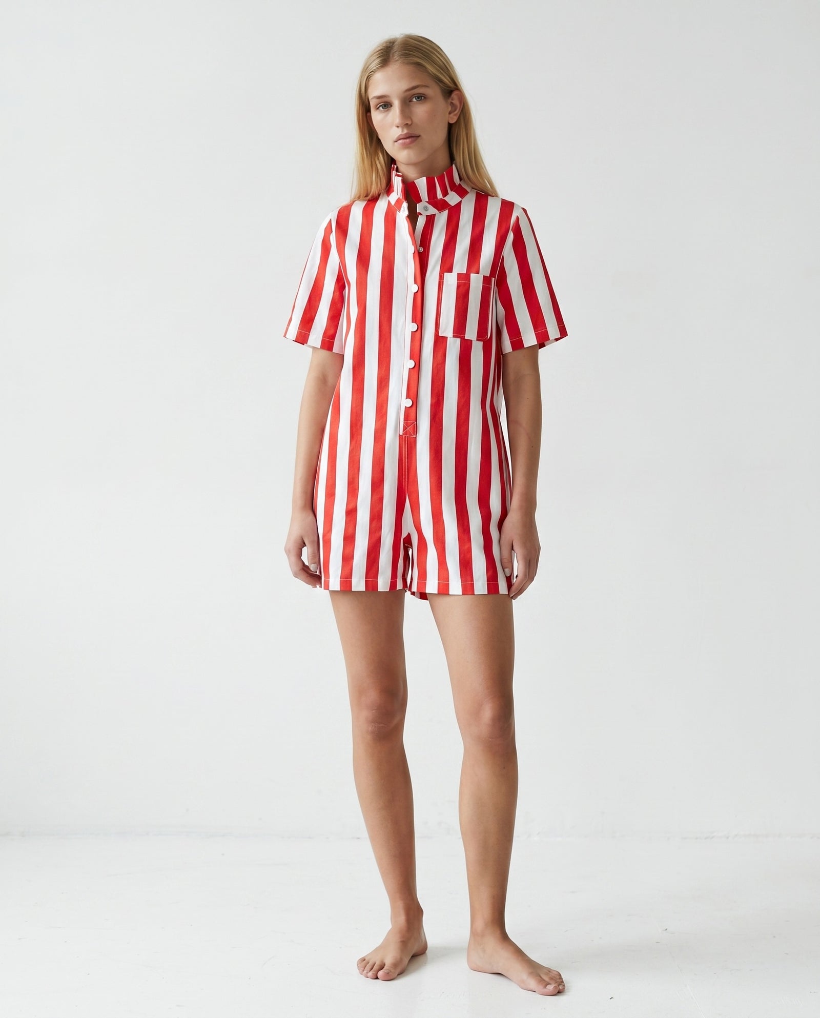IRIT | Ruffle Short Overalls | Red Stripes