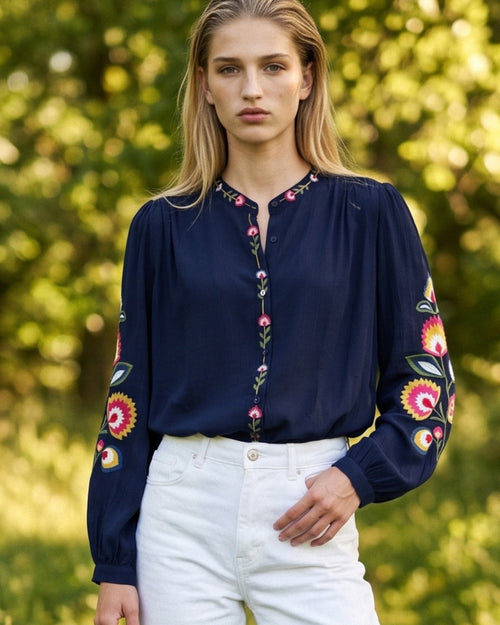 TIRZA | Embroidered Collarless Shirt | Navy