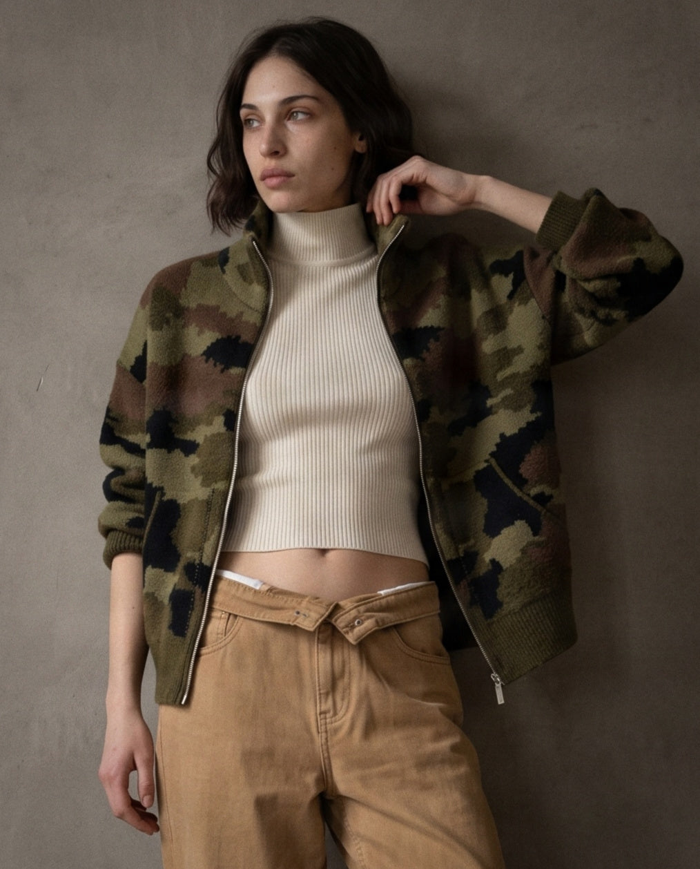 ELODIE | Camouflage Zip Cardigan | Khaki