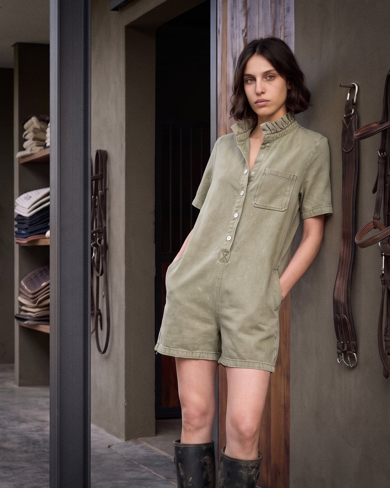 IRIT | Ruffle Short Playsuit | Khaki