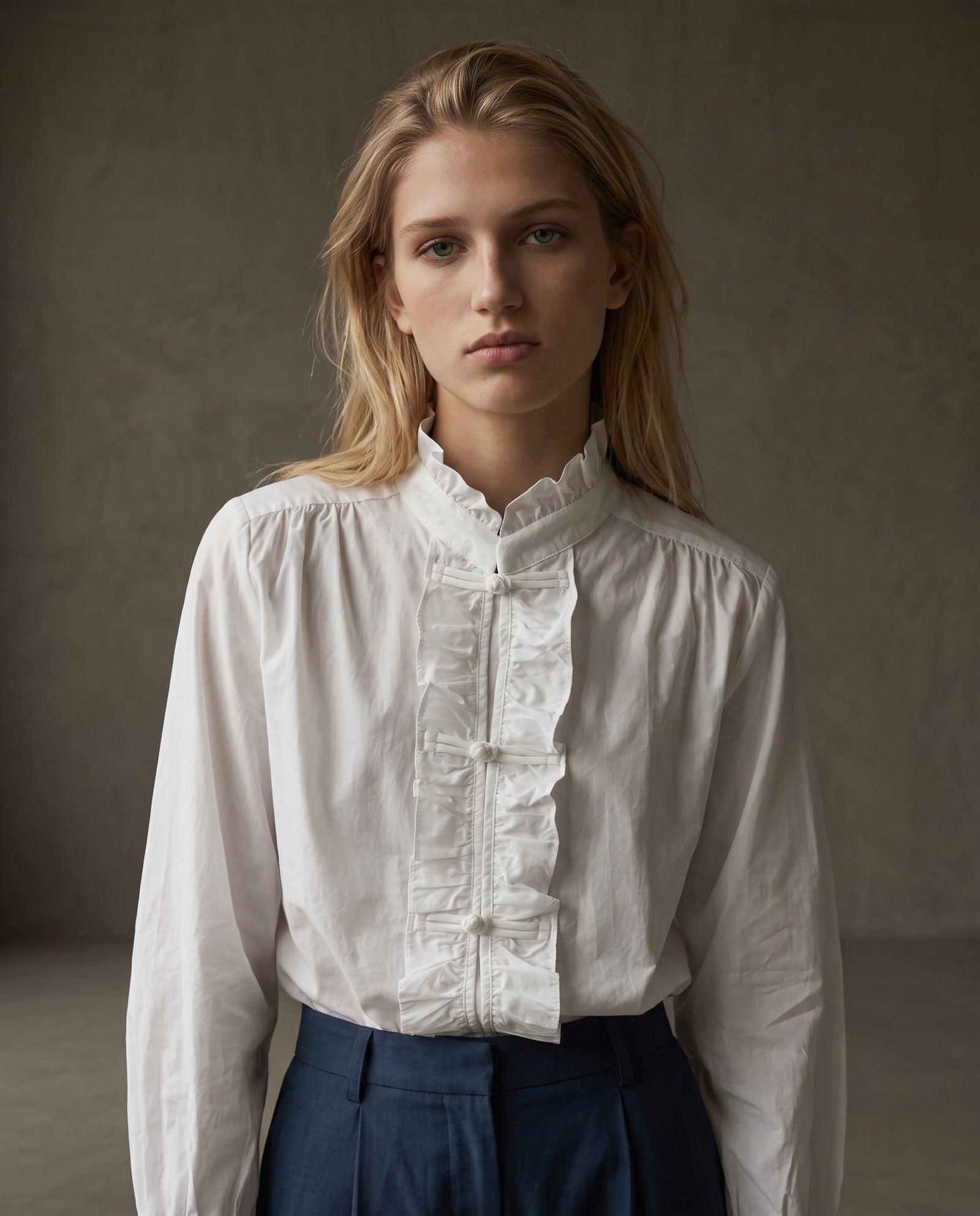 LEELO | Ruffle Front Shirt | White