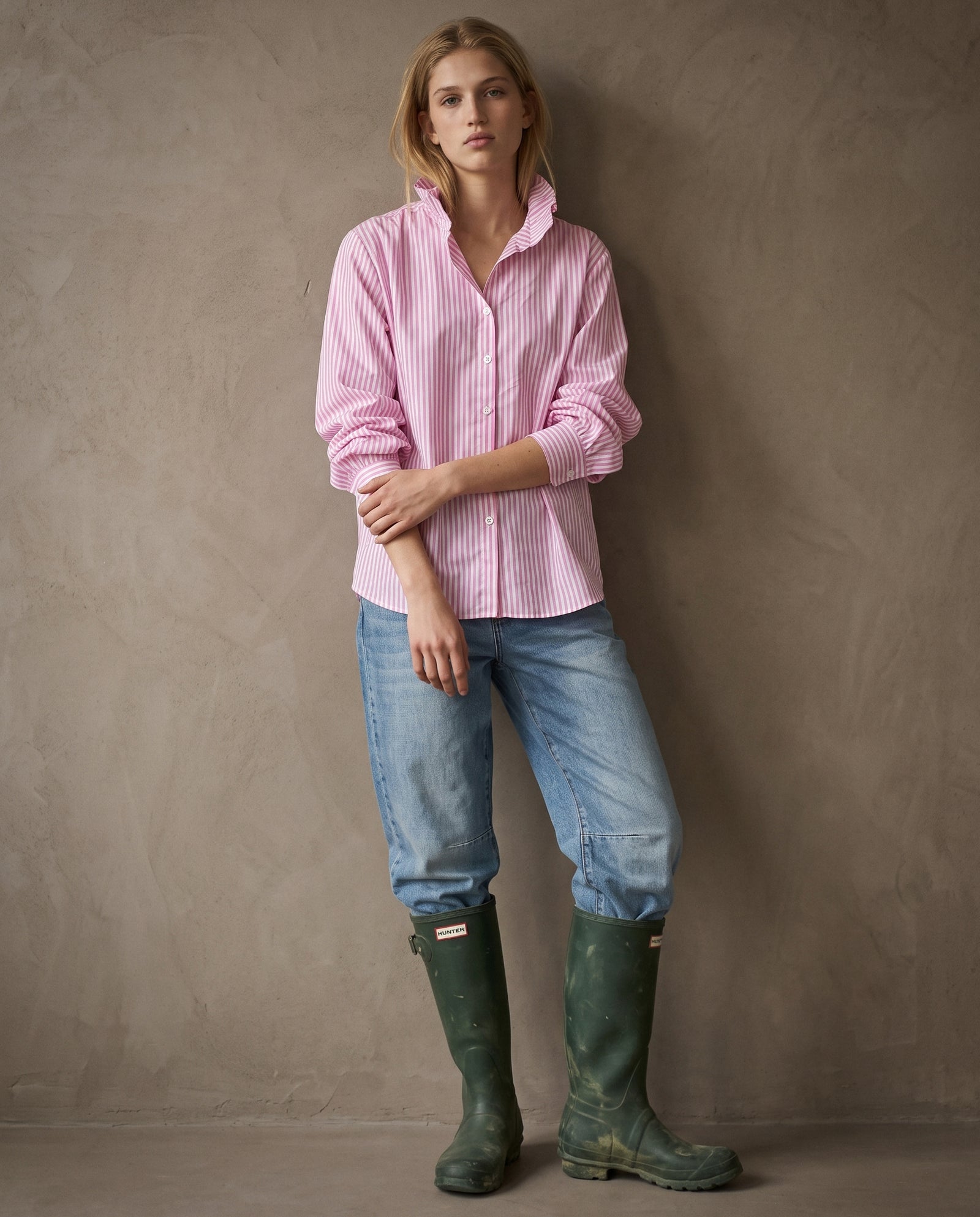 EDEN | Ruffle Collar Shirt | Pink Stripes