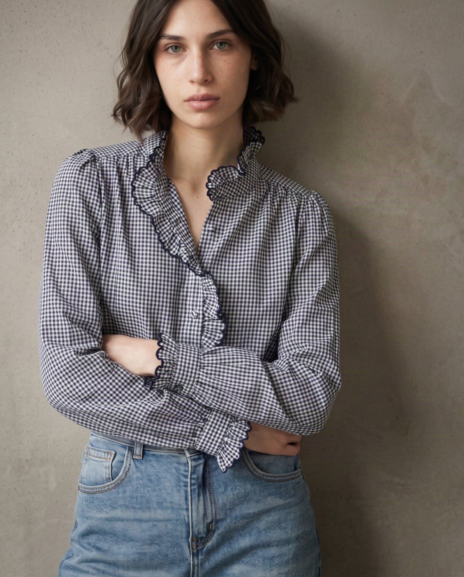 EVIE | Ruffle Collar & Placket Shirt | Navy
