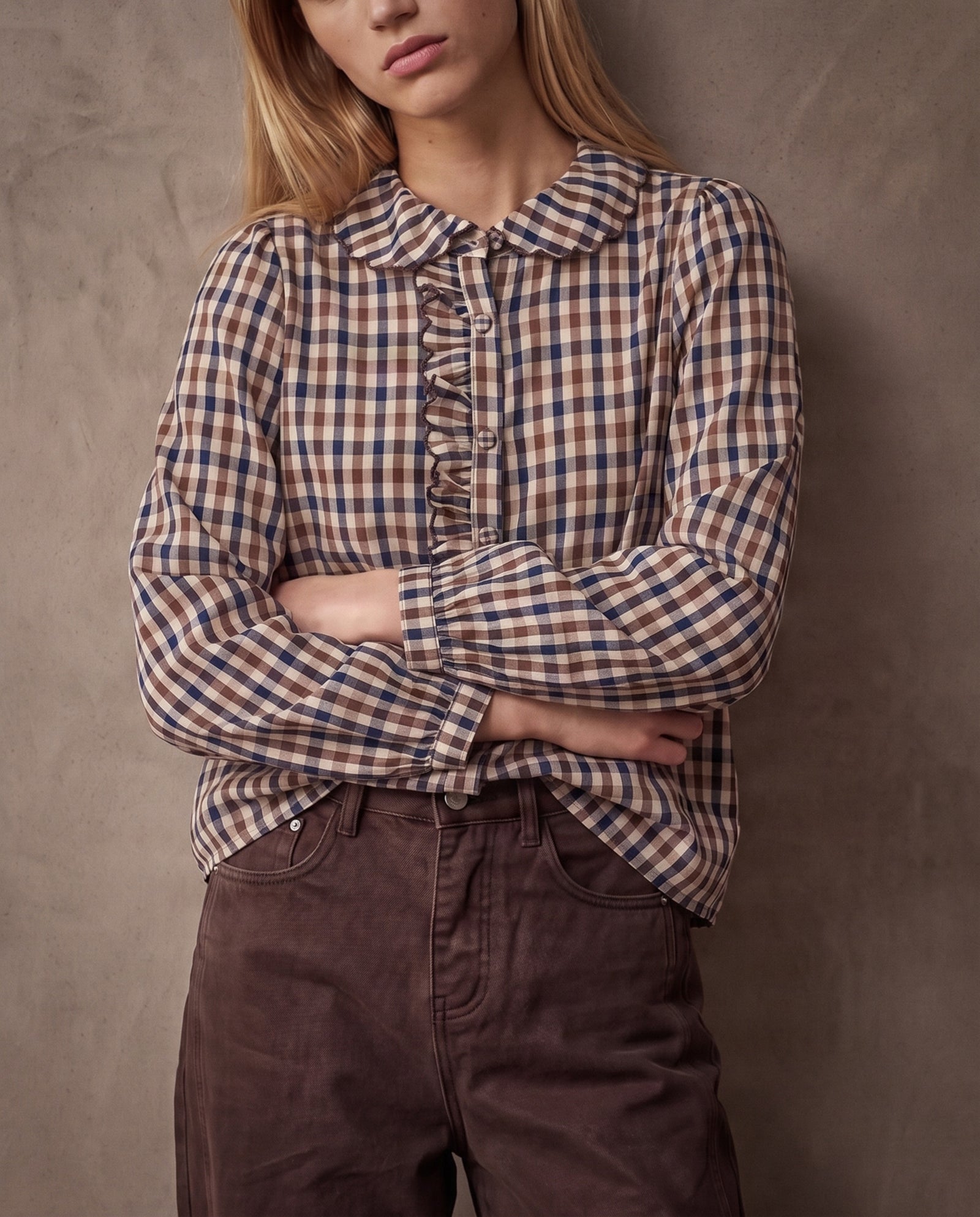 SABINE | Ruffle Collar Shirt | Check