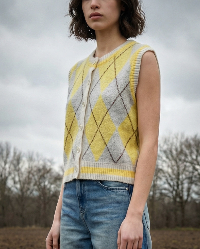 MIEL | Argyle Sleeveless Cardigan | Yellow
