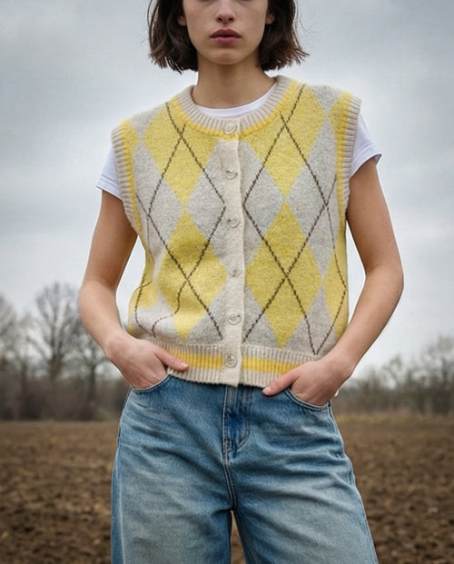 MIEL | Argyle Sleeveless Cardigan | Yellow