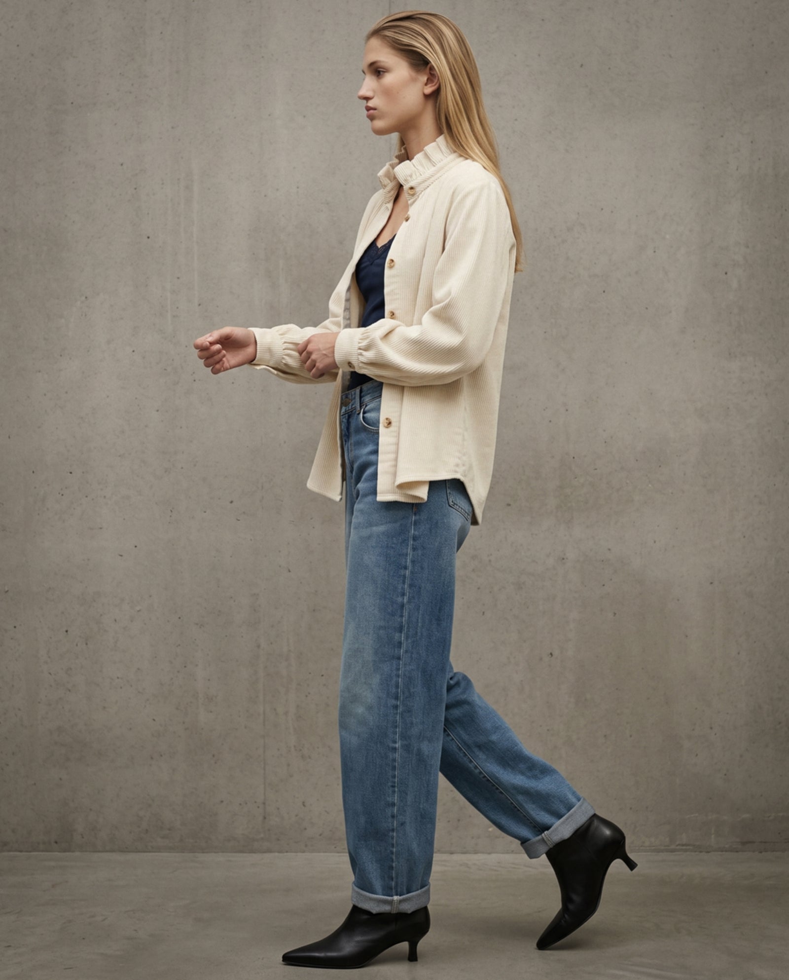 MAEL | Ruffle Collar Cord Overshirt | Ecru