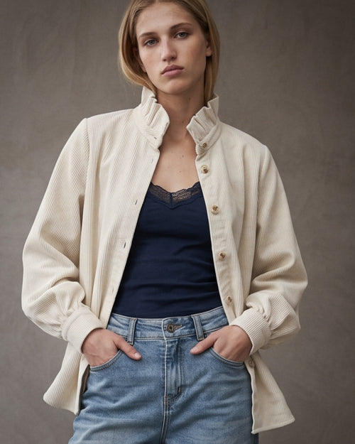 MAEL | Ruffle Collar Cord Overshirt | Ecru
