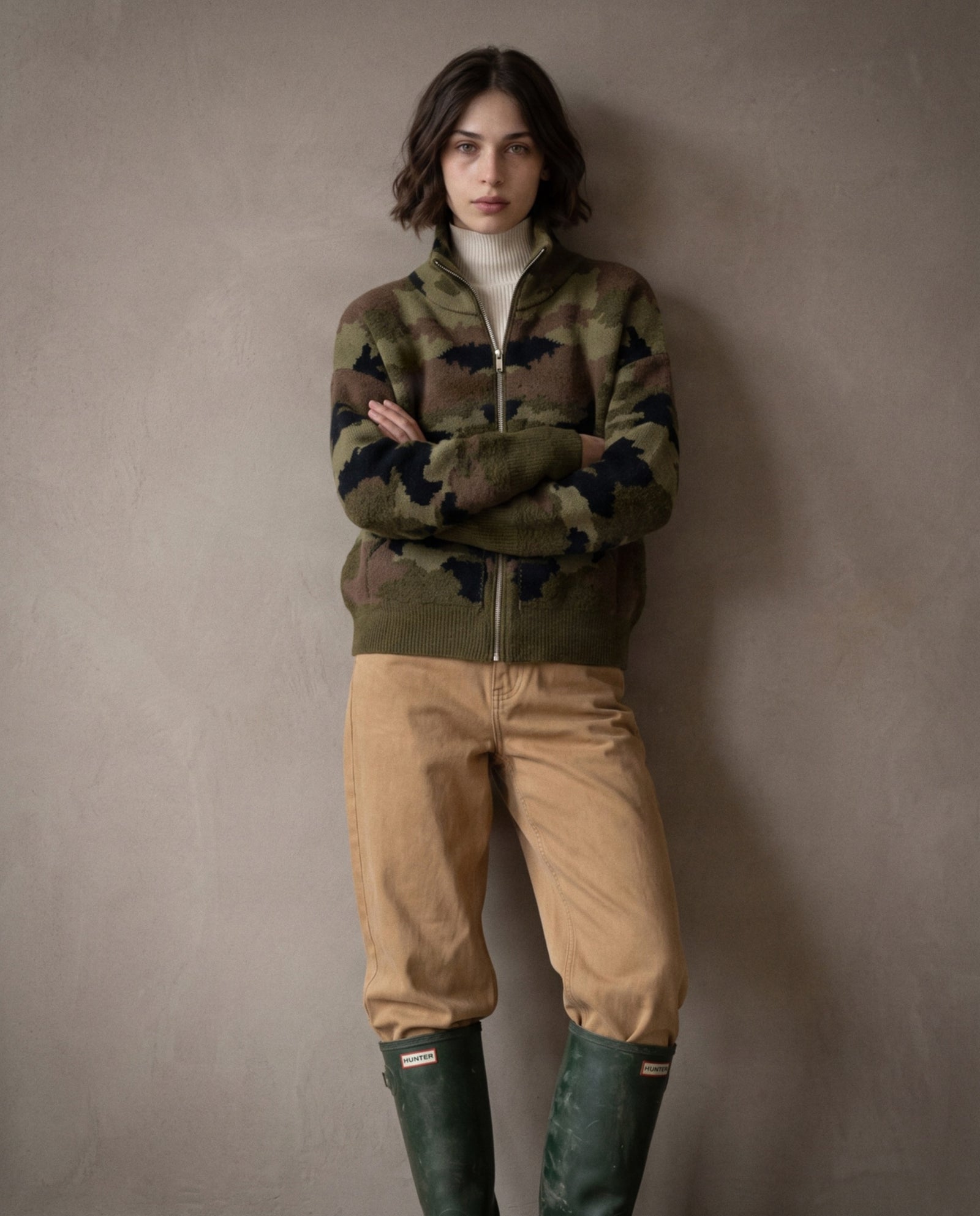 ELODIE | Camouflage Zip Cardigan | Khaki
