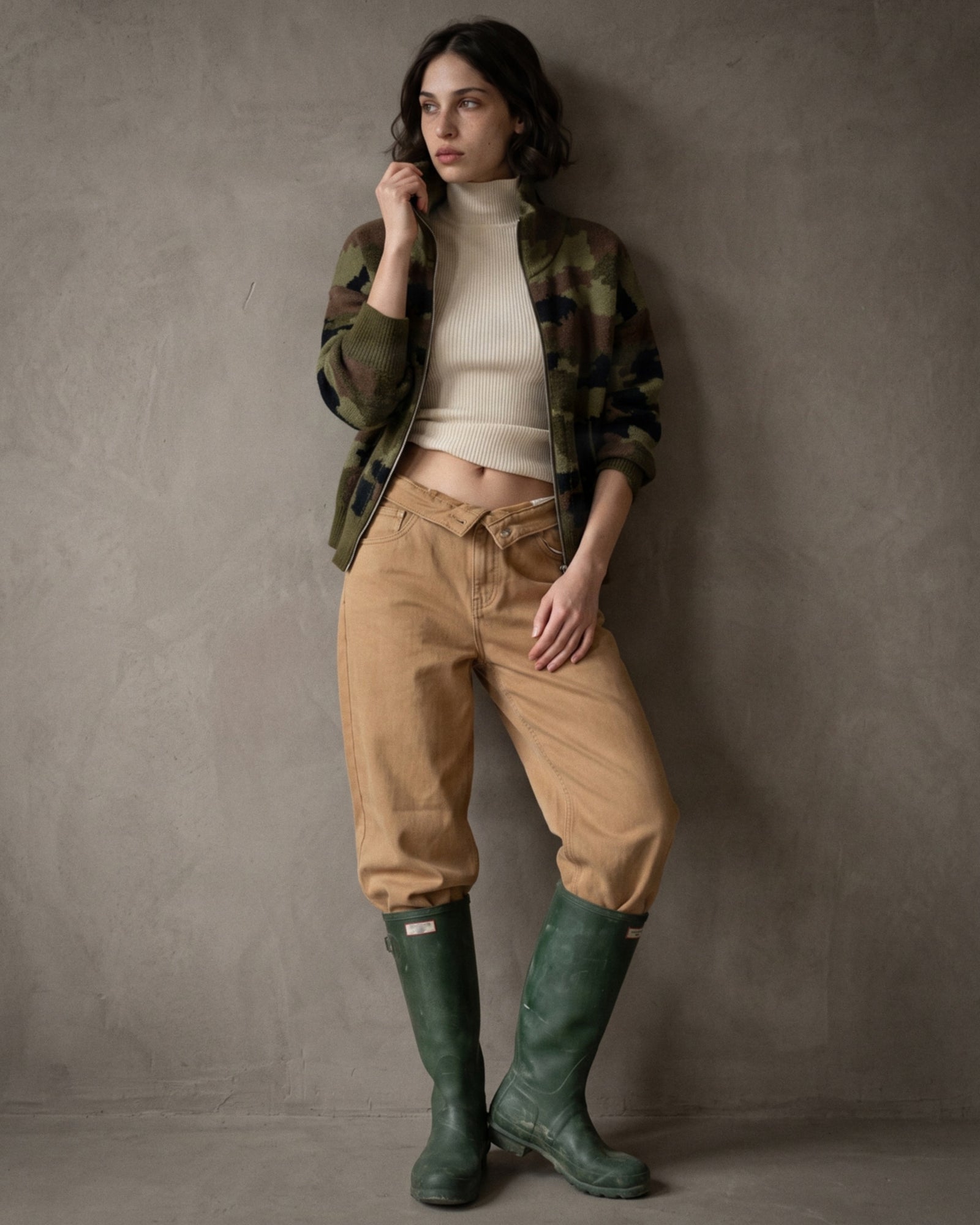 ELODIE | Camouflage Zip Cardigan | Khaki