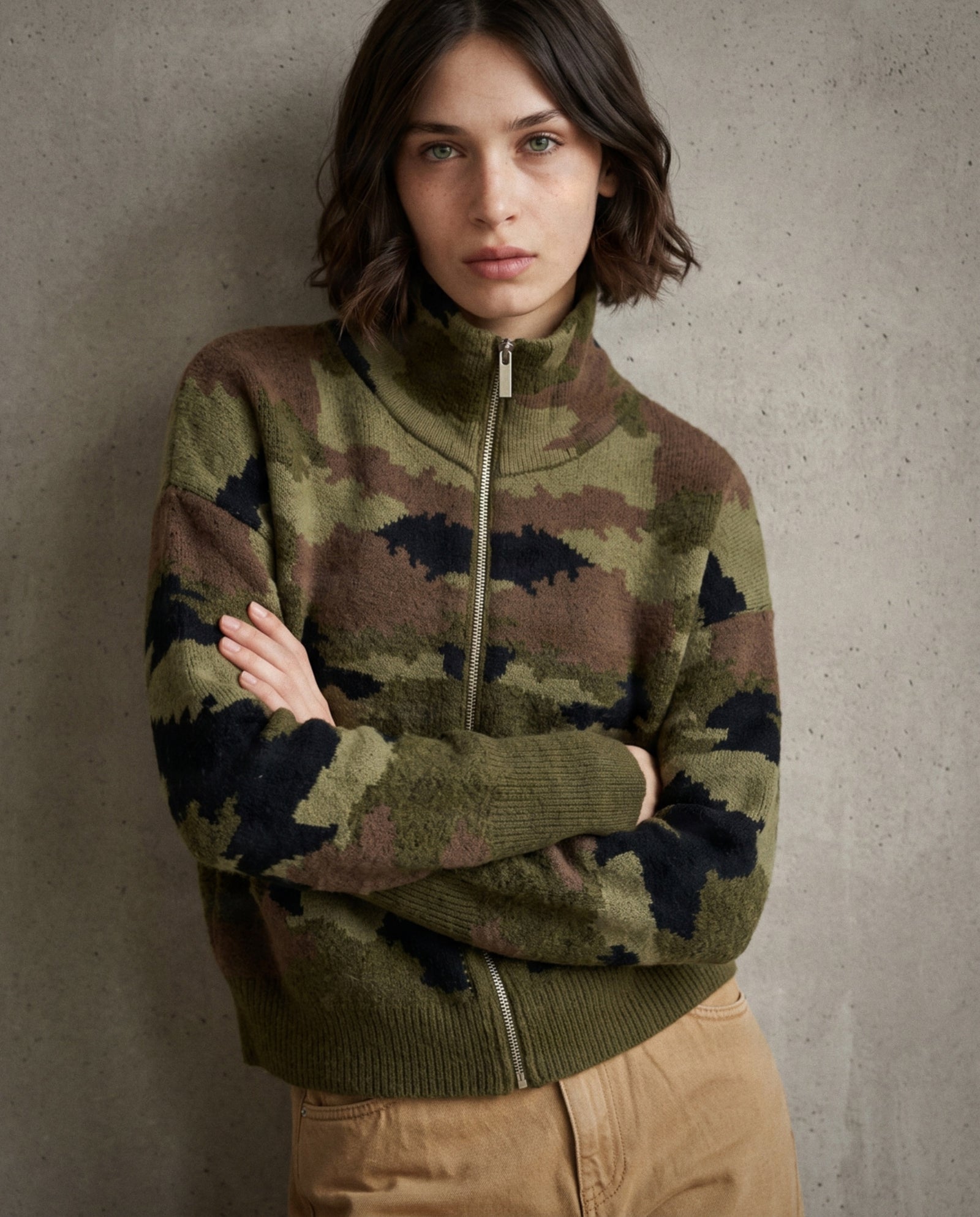 ELODIE | Camouflage Zip Cardigan | Khaki