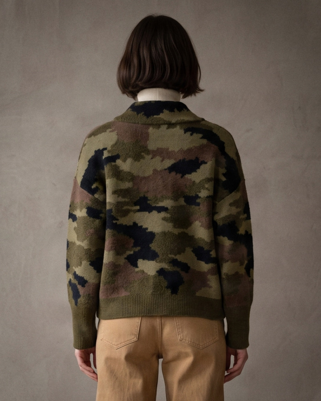 ELODIE | Camouflage Zip Cardigan | Khaki