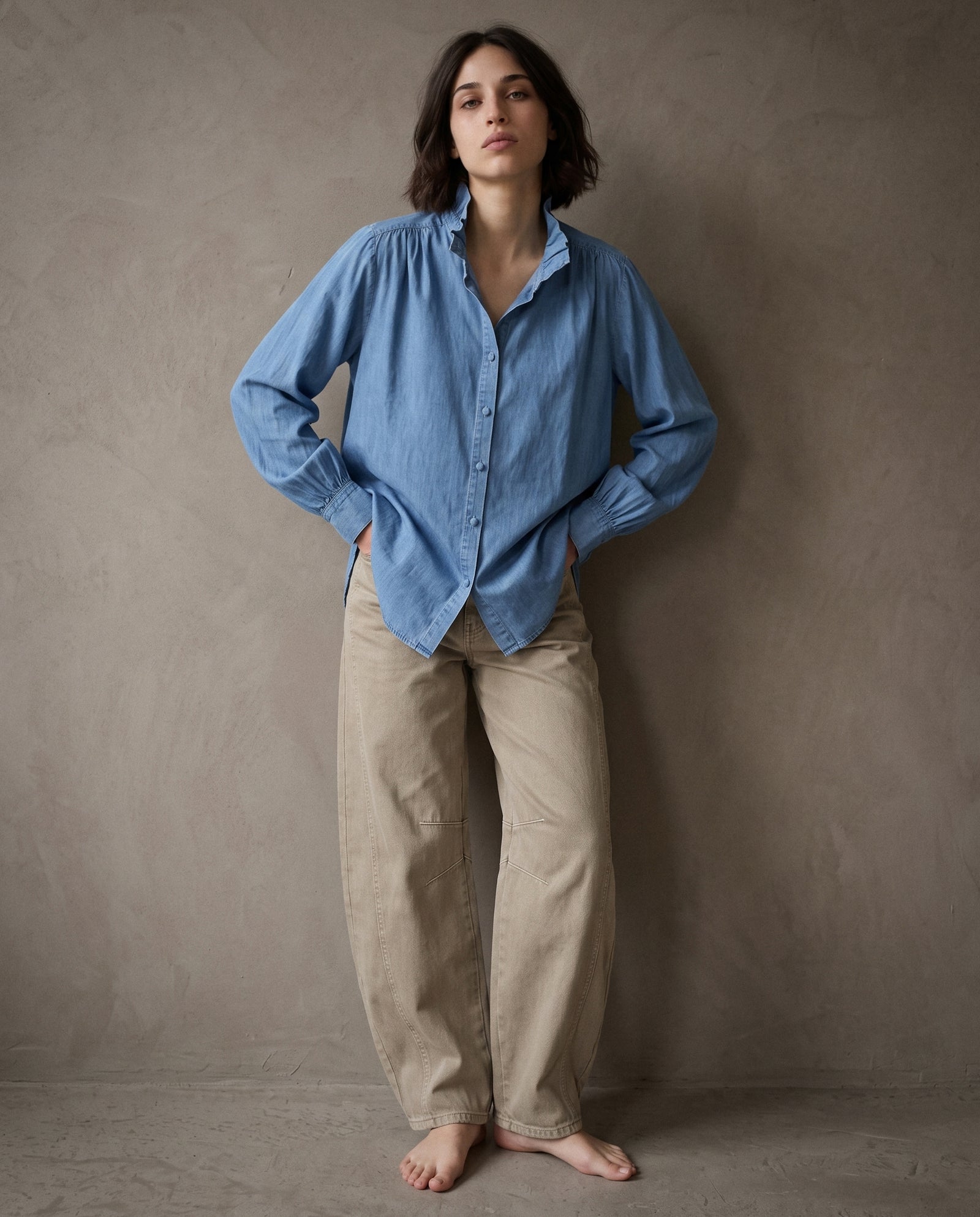 EILA | Ruffle Collar Shirt | Blue Denim