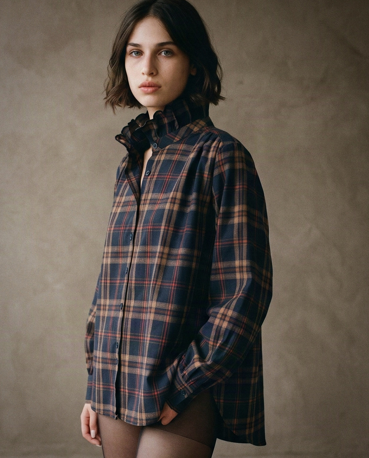 MARIANNE | Ruffle Collar Shirt | Navy Check