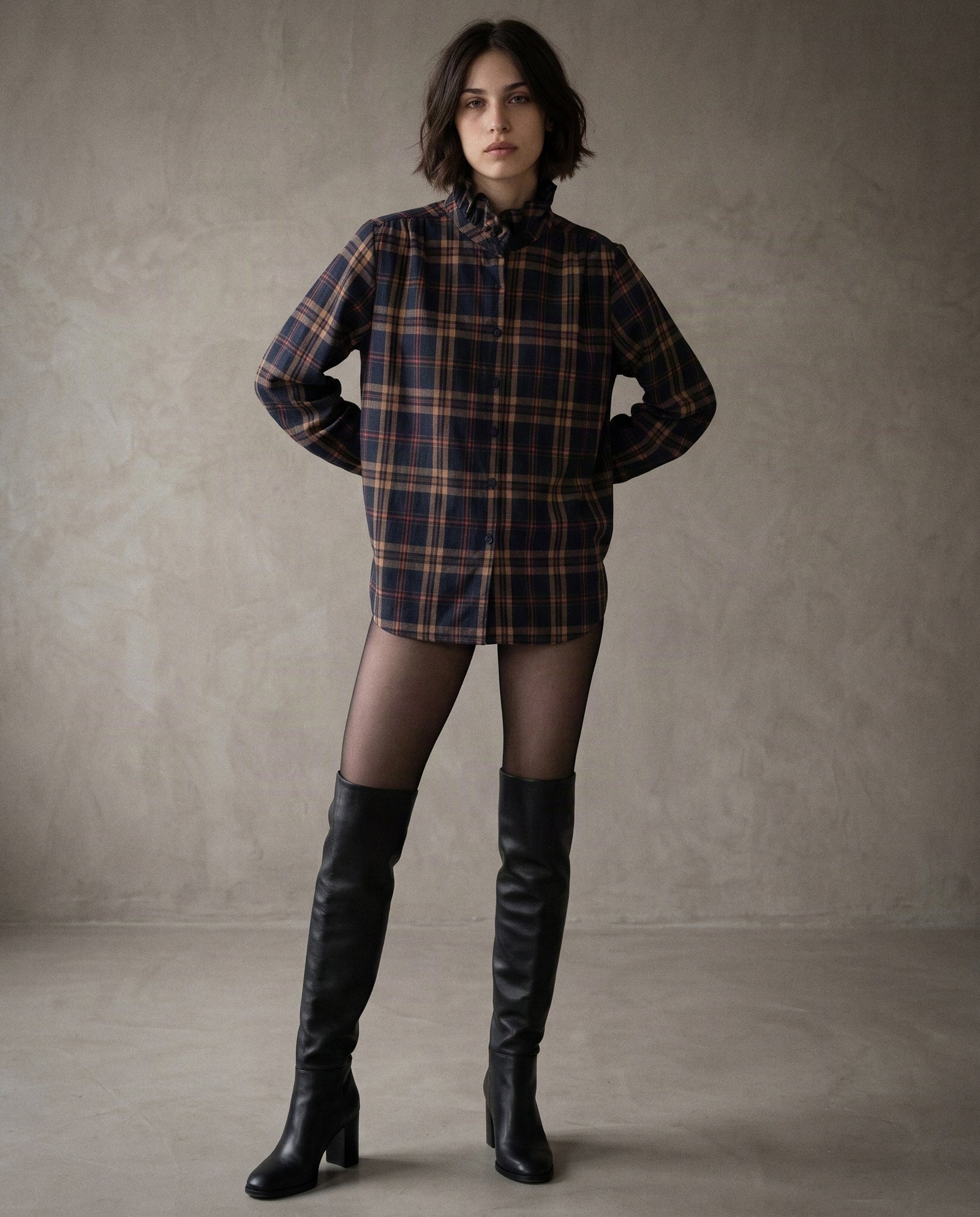 MARIANNE | Ruffle Collar Shirt | Navy Check