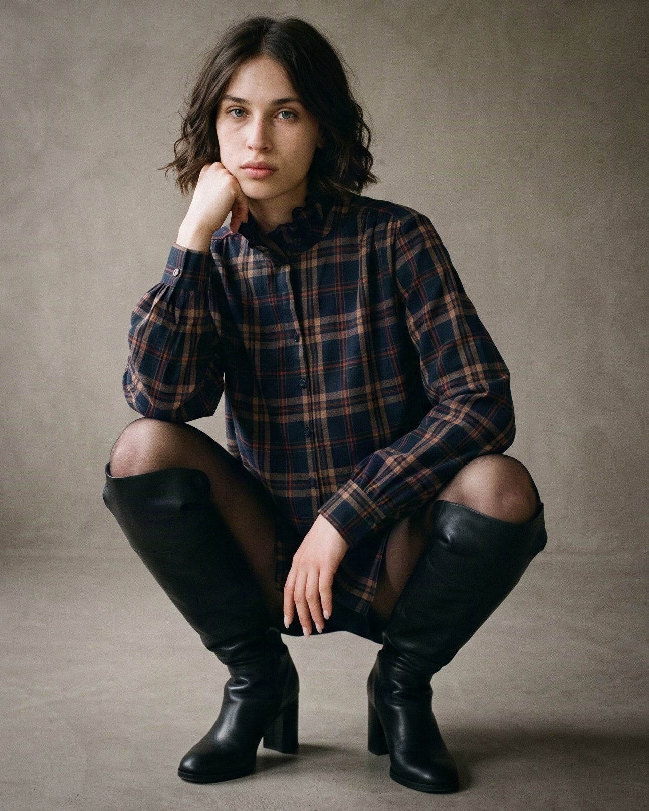 MARIANNE | Ruffle Collar Shirt | Navy Check