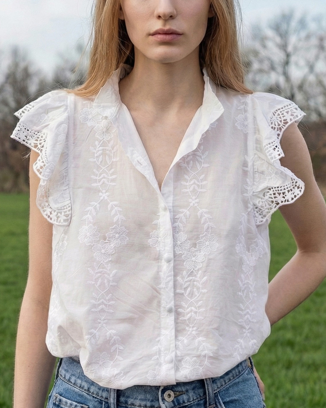 NETA | Ruffle & Lace Top | White