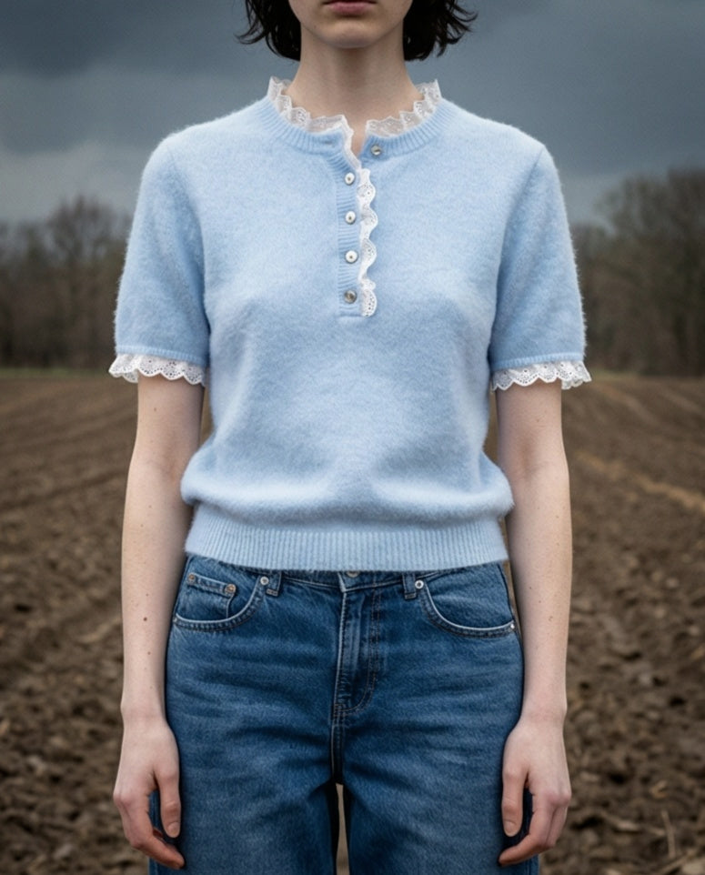 ESTI | Short Sleeve Knit with Trim | Pale Blue
