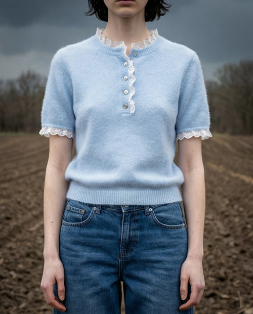 ESTI | Short Sleeve Knit with Trim | Pale Blue