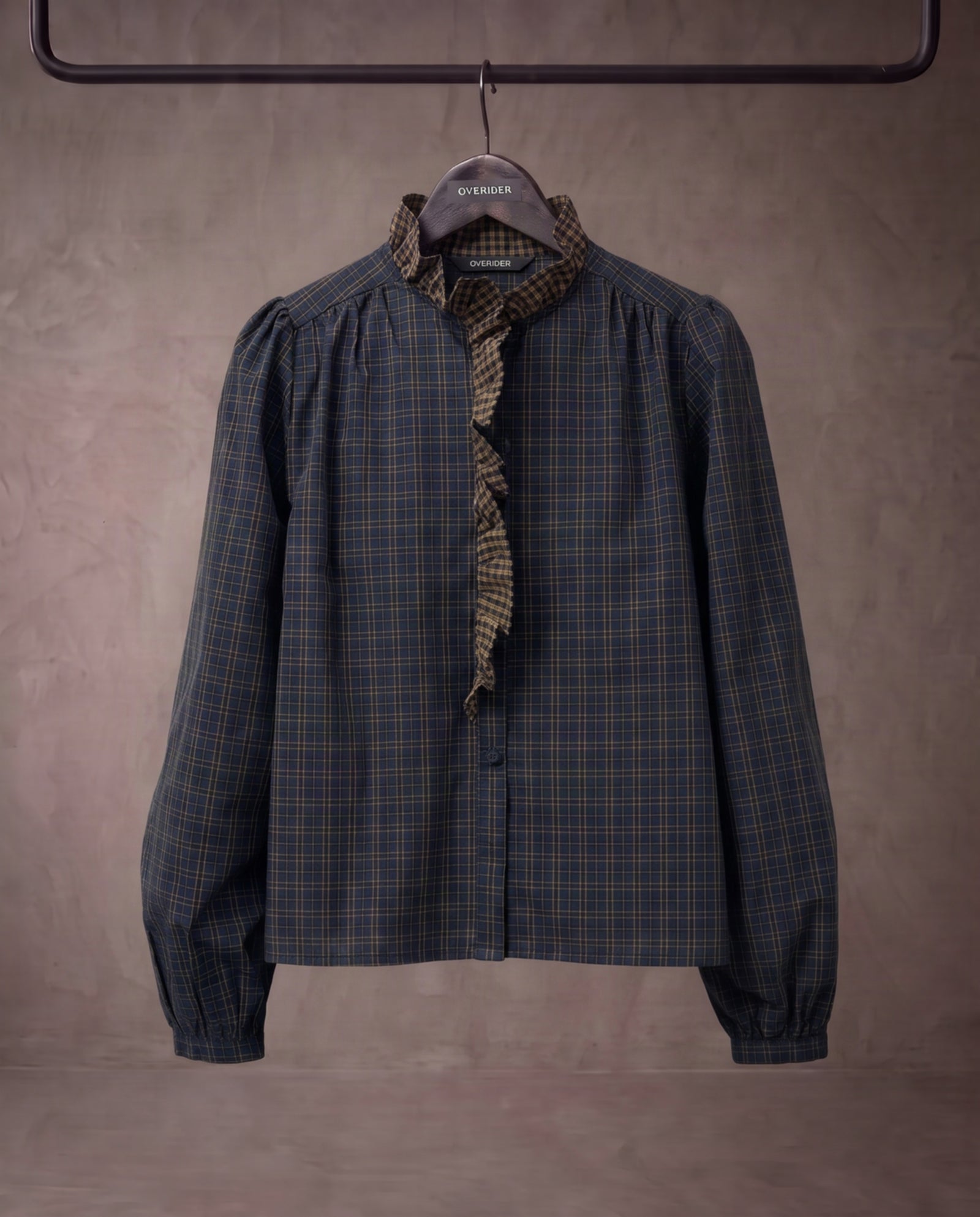 ELARA | Ruffle Collar Shirt | Navy & Tan
