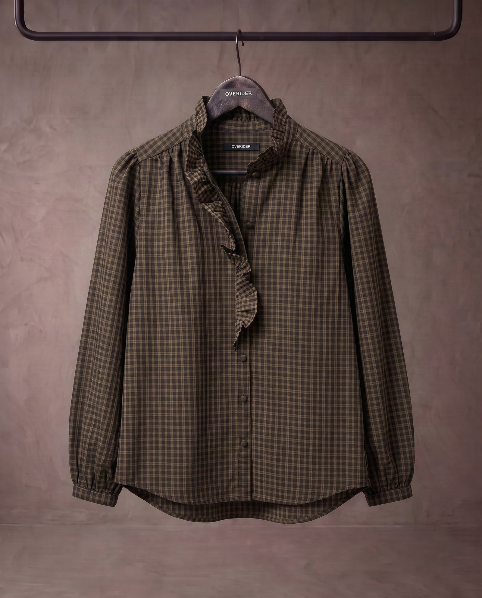 ELARA | Ruffle Collar Shirt | Choc & Olive