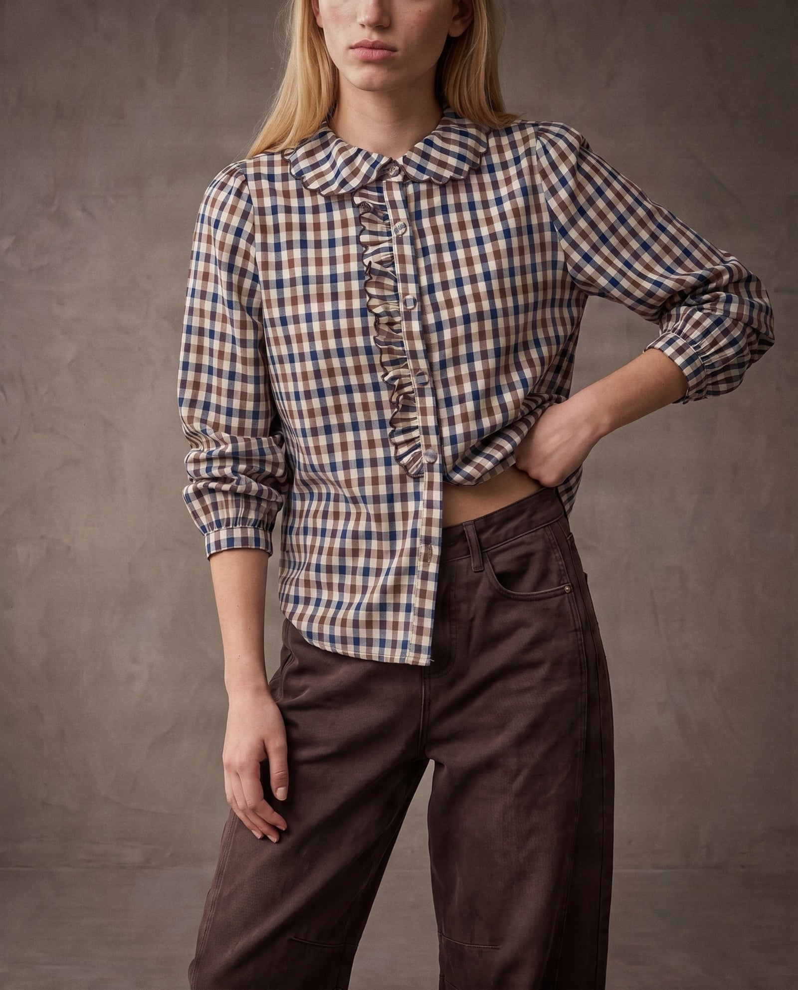 SABINE | Ruffle Collar Shirt | Check