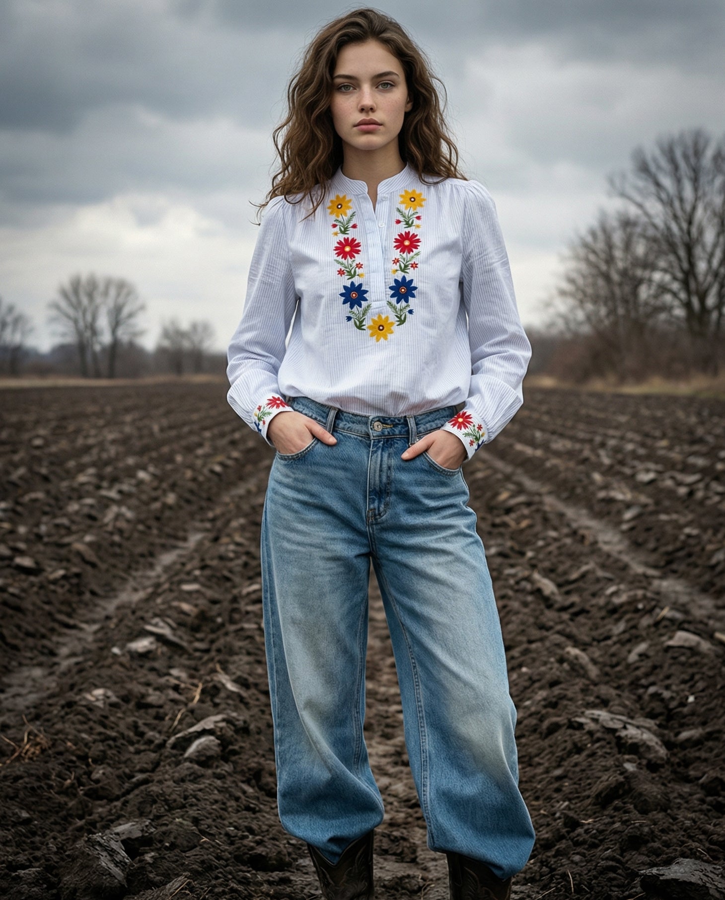 NATANIA | Embroidered Collarless Shirt | White / Pale Blue stripe