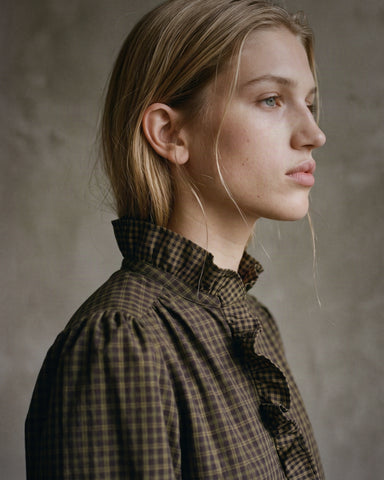 MARIANNE | Ruffle Collar Shirt | Navy Check