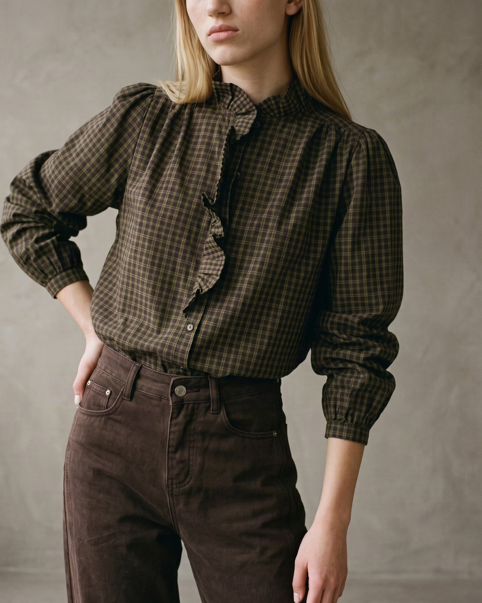ELARA | Ruffle Collar Shirt | Choc & Olive