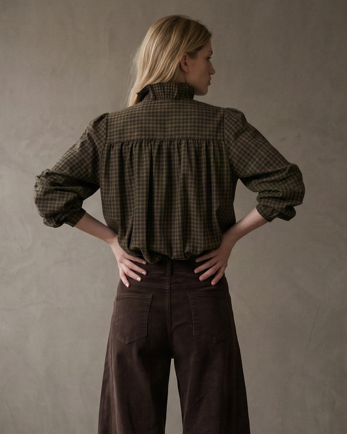 ELARA | Ruffle Collar Shirt | Choc & Olive