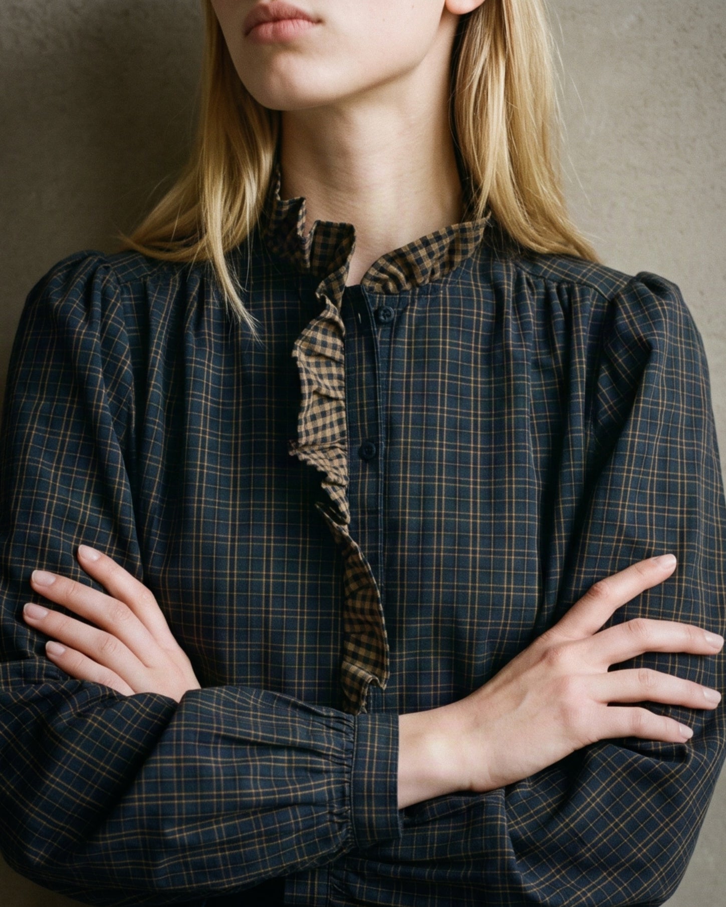 ELARA | Ruffle Collar Shirt | Navy & Tan