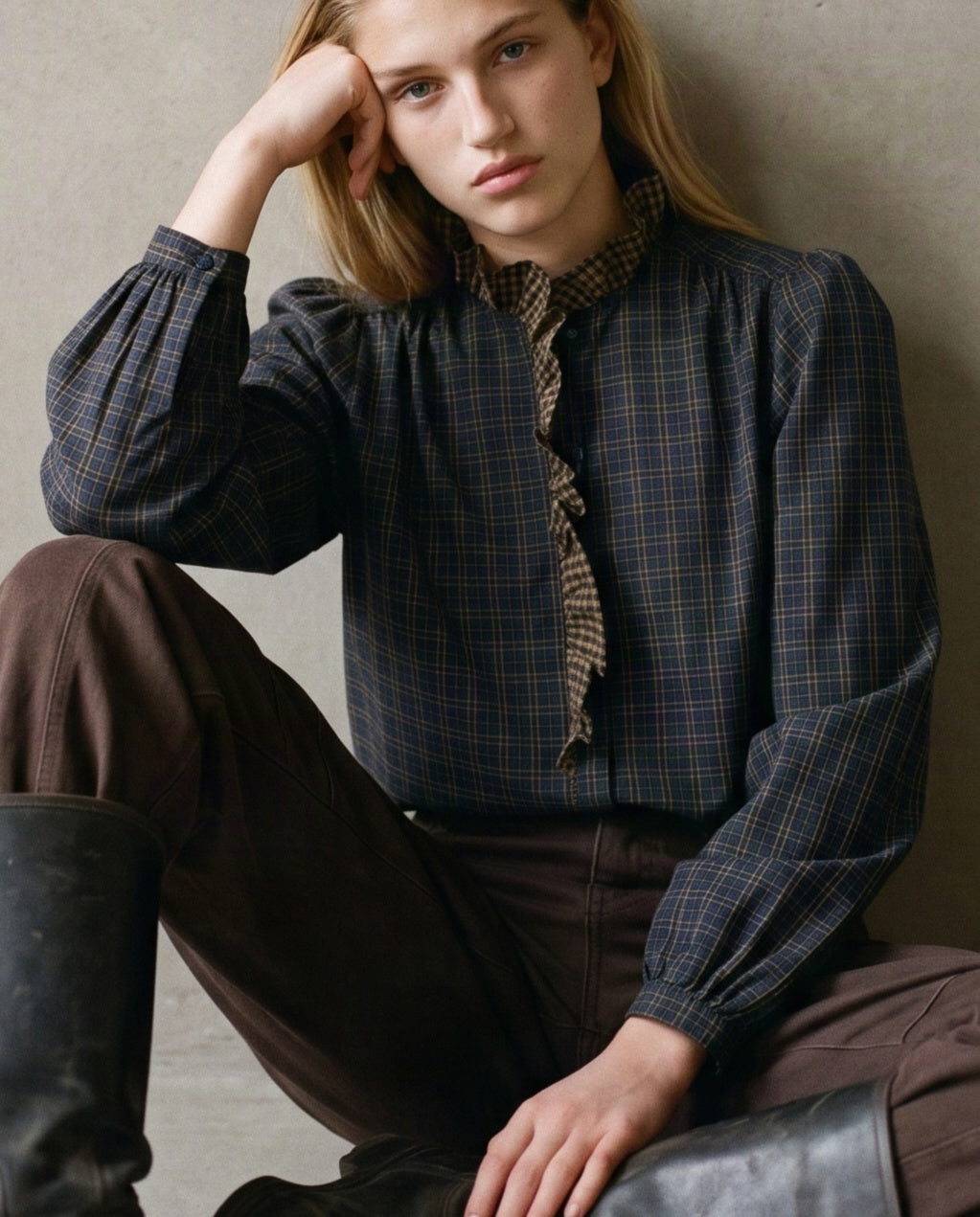 ELARA | Ruffle Collar Shirt | Navy & Tan