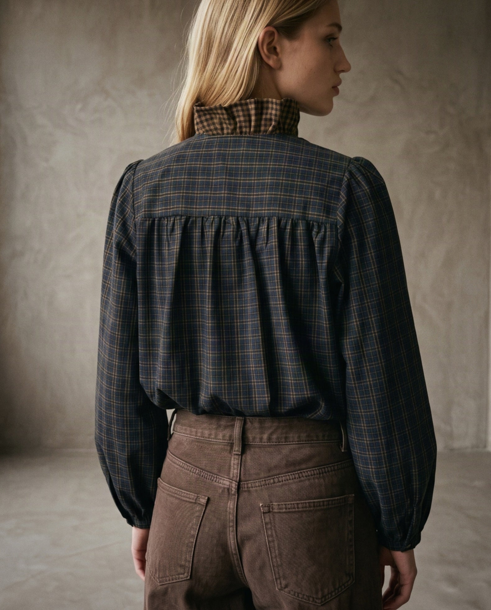 ELARA | Ruffle Collar Shirt | Navy & Tan