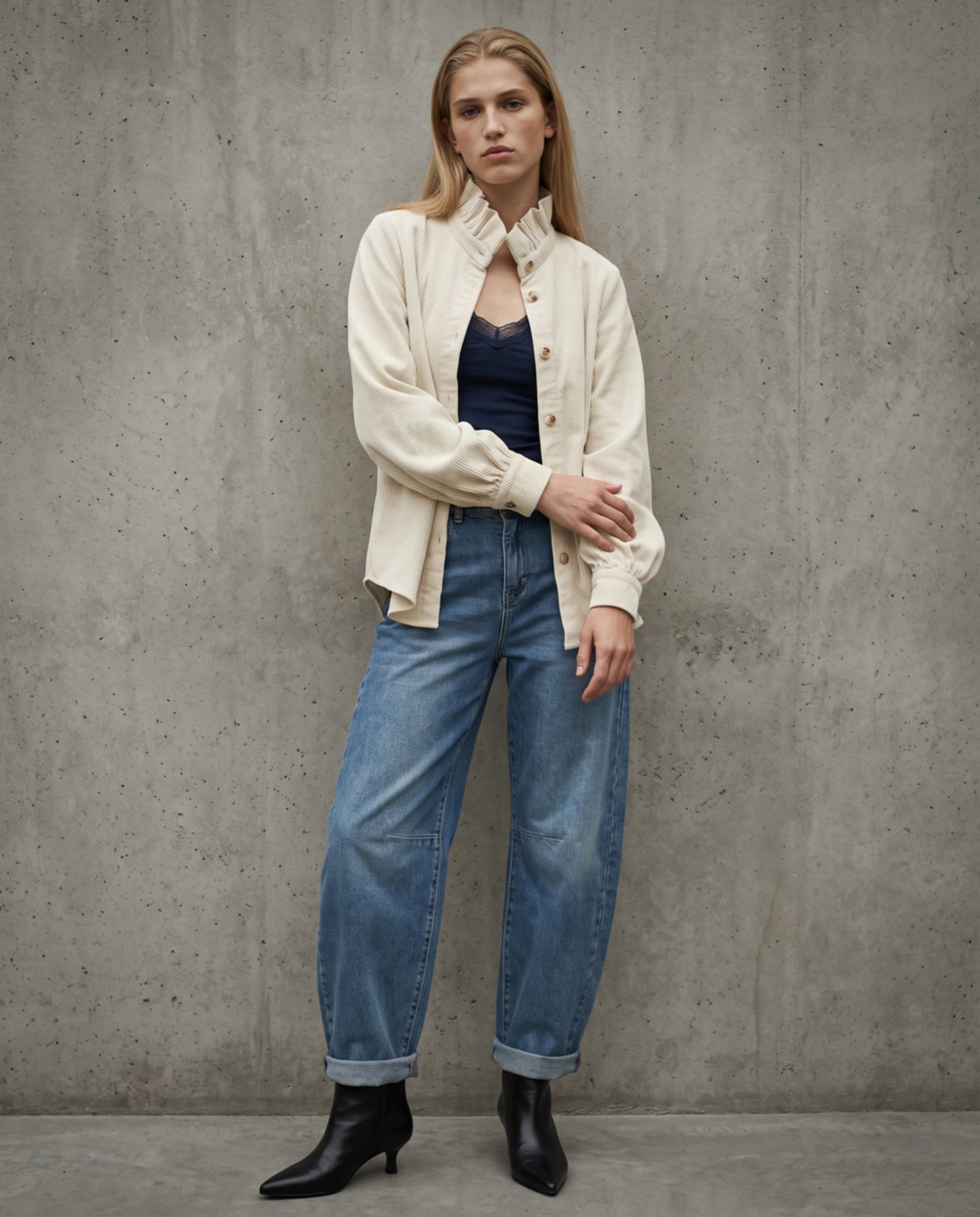 MAEL | Ruffle Collar Cord Overshirt | Ecru