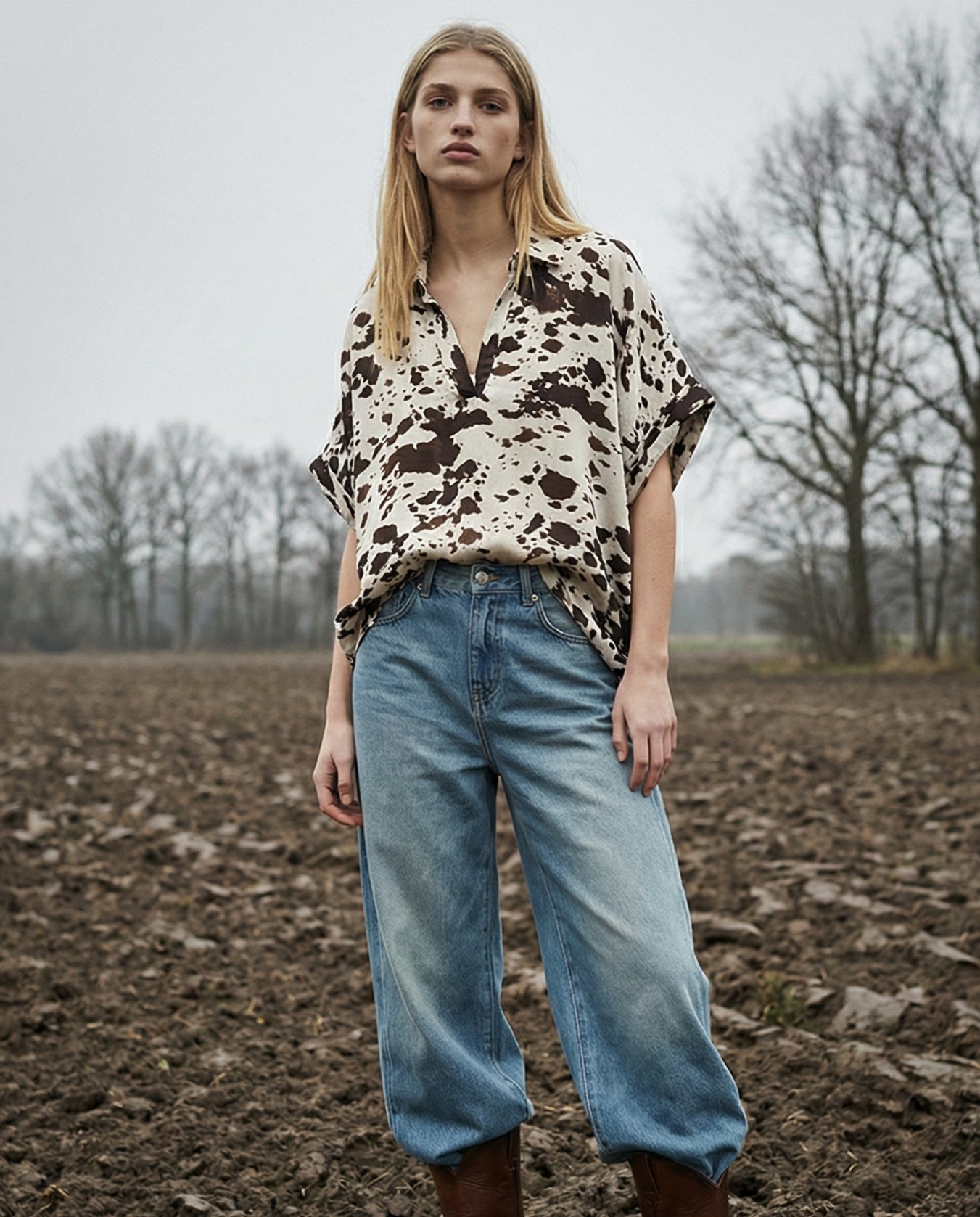 Cowhide Print Fluid Top | Brown & Ecru