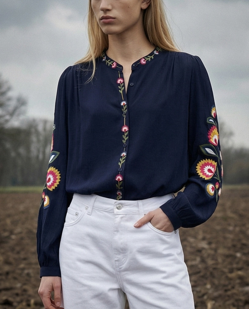 TIRZA | Embroidered Collarless Shirt | Navy
