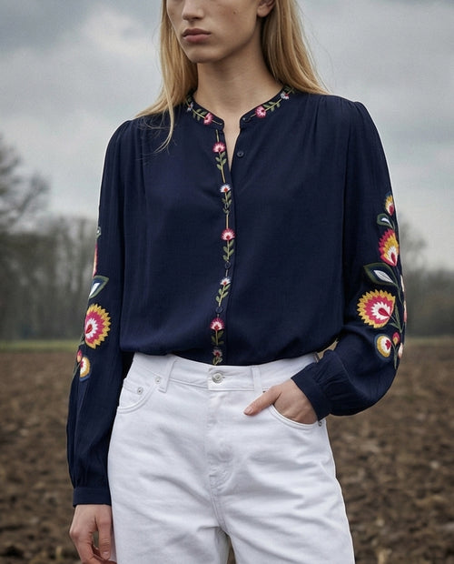 TIRZA | Embroidered Collarless Shirt | Navy