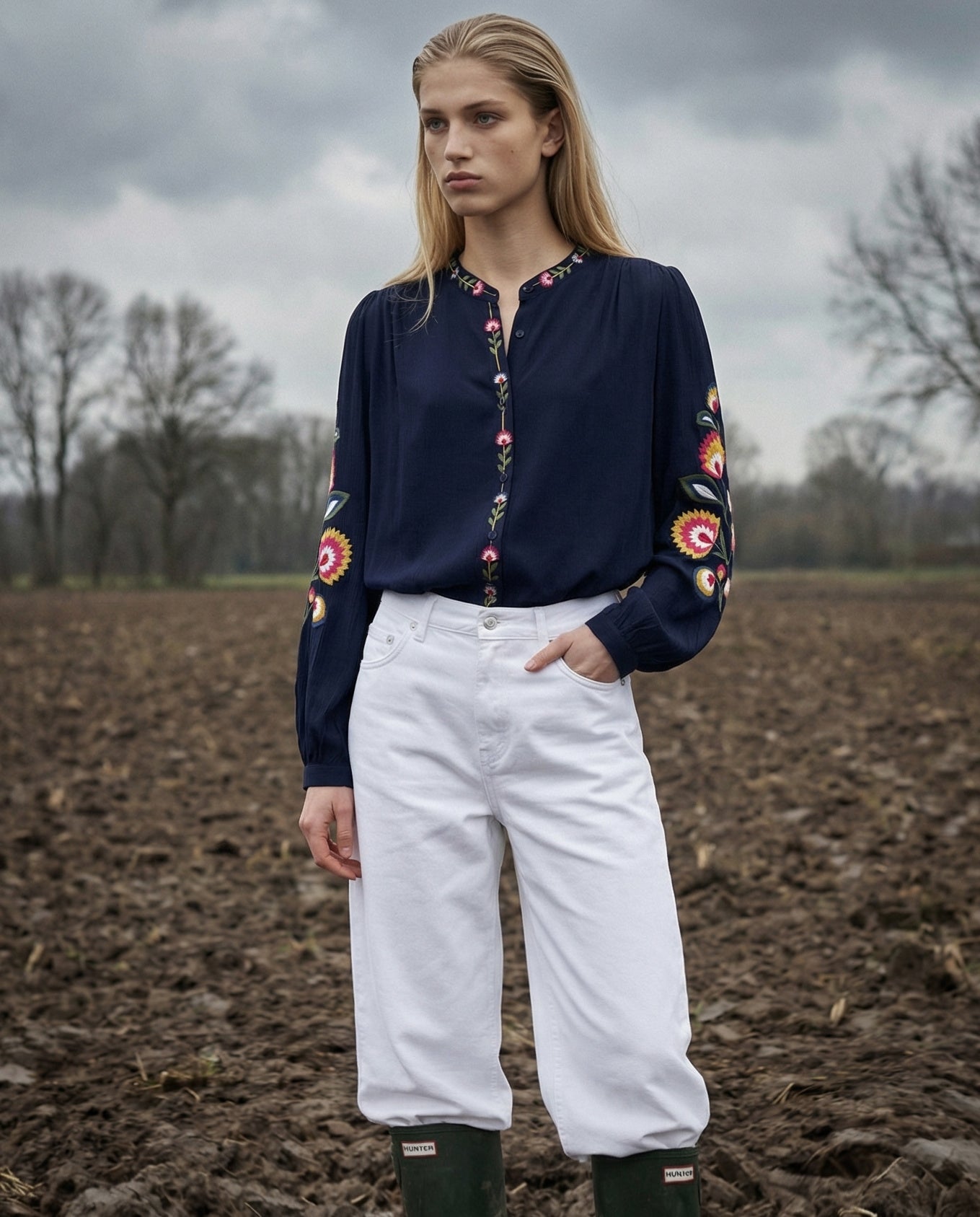 TIRZA | Embroidered Collarless Shirt | Navy