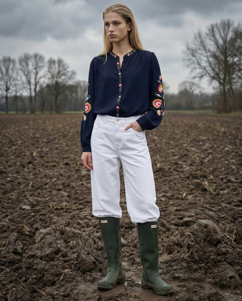 TIRZA | Embroidered Collarless Shirt | Navy