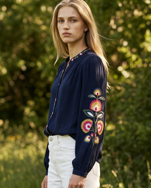 TIRZA | Embroidered Collarless Shirt | Navy