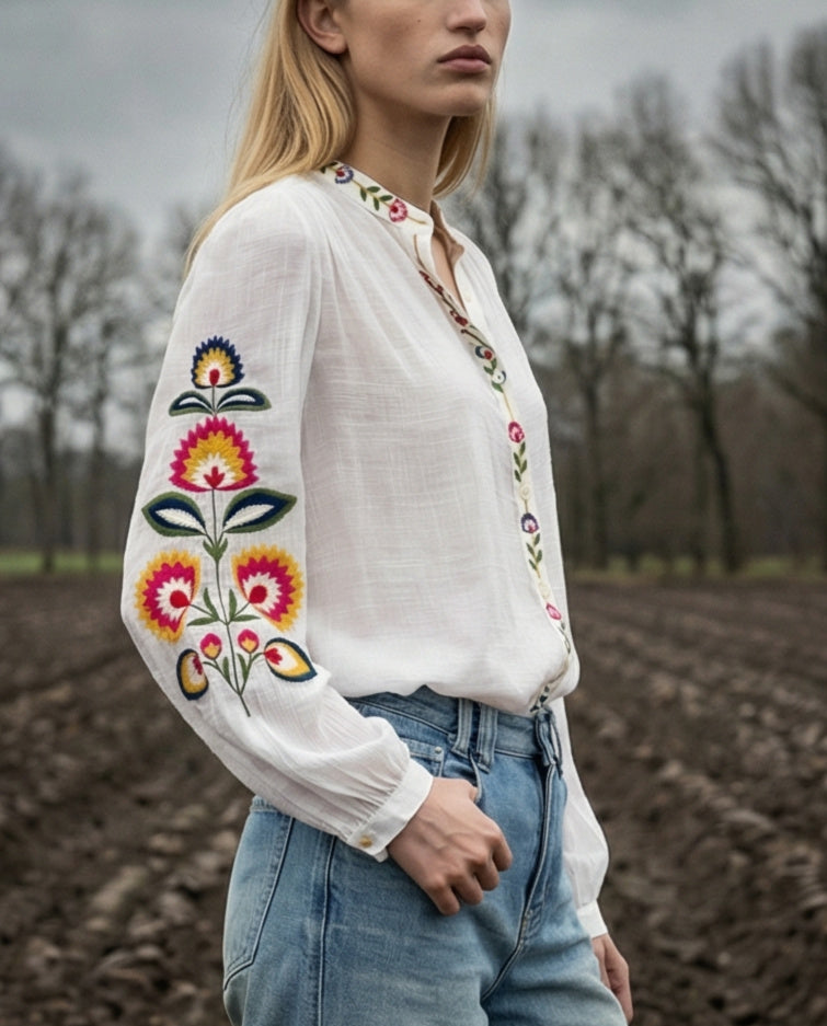 TIRZA | Embroidered Collarless Shirt | White