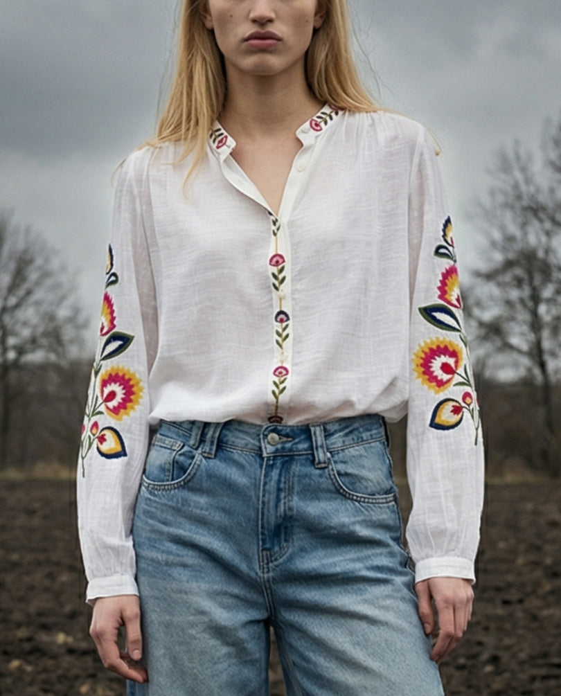 TIRZA | Embroidered Collarless Shirt | White