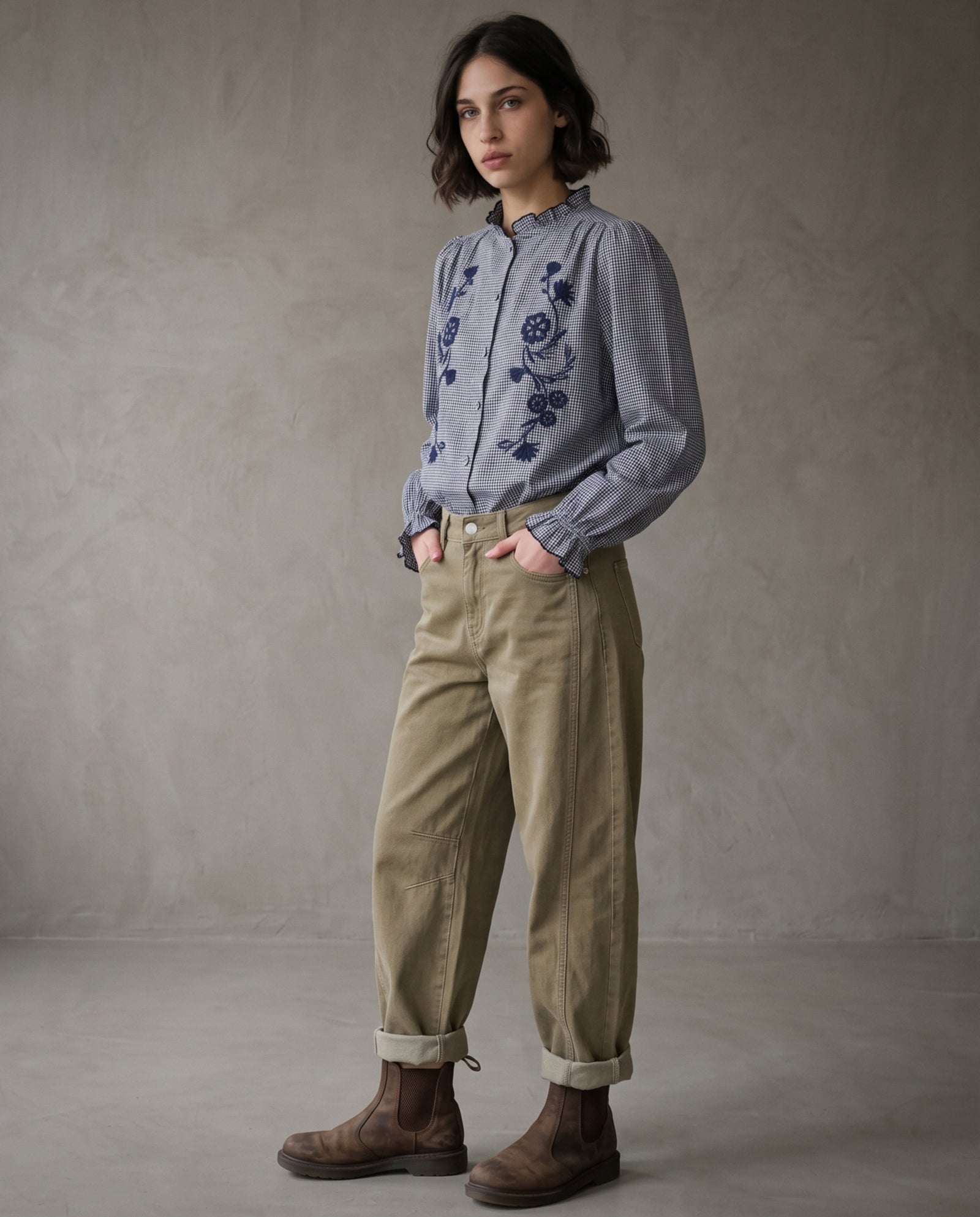 NOTO | Embroidered Blouse | Navy Gingham