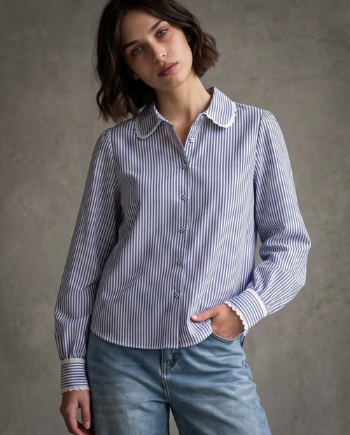 REMI | Lace Trimmed Shirt | Navy Stripes