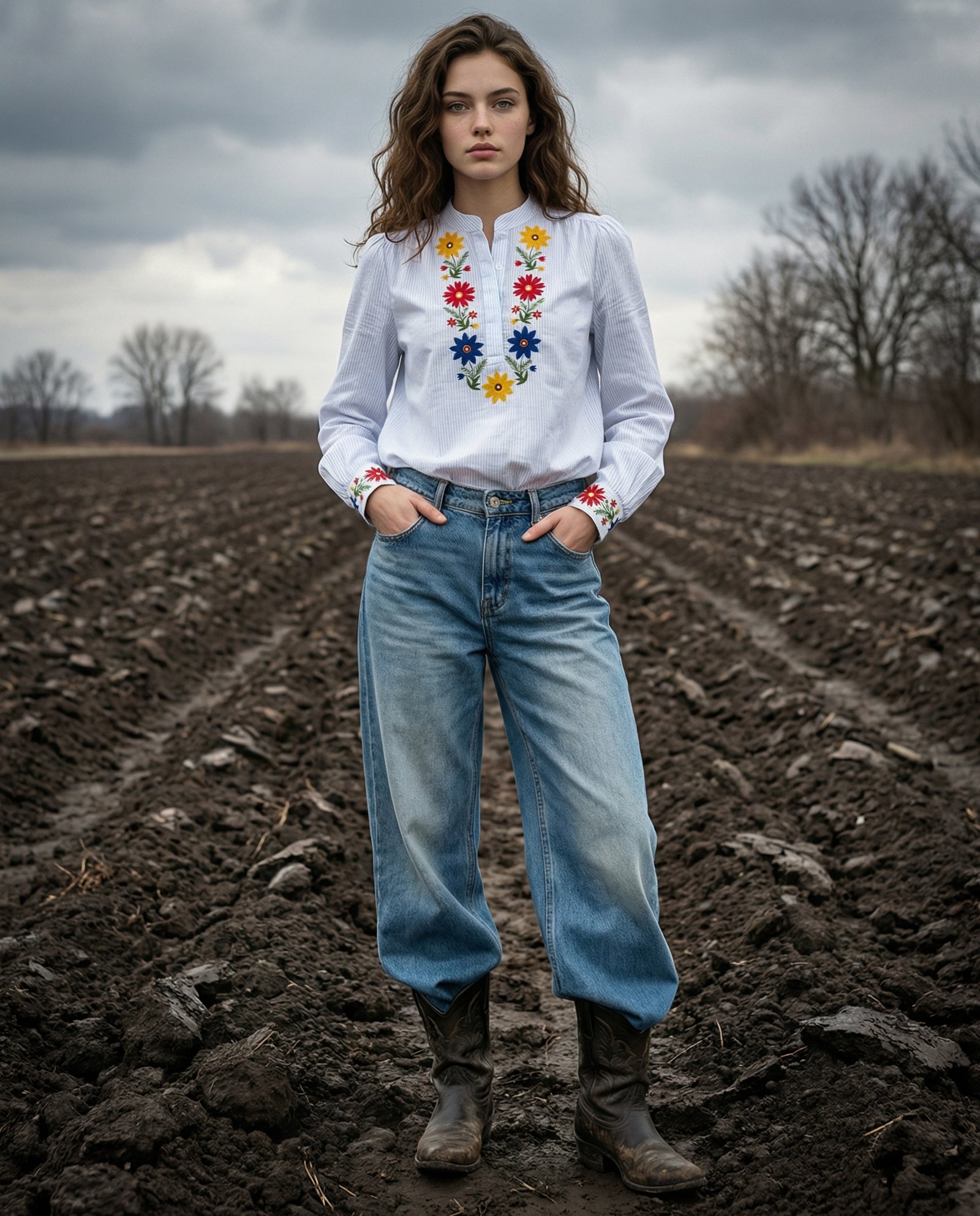 NATANIA | Embroidered Collarless Shirt | White / Pale Blue stripe